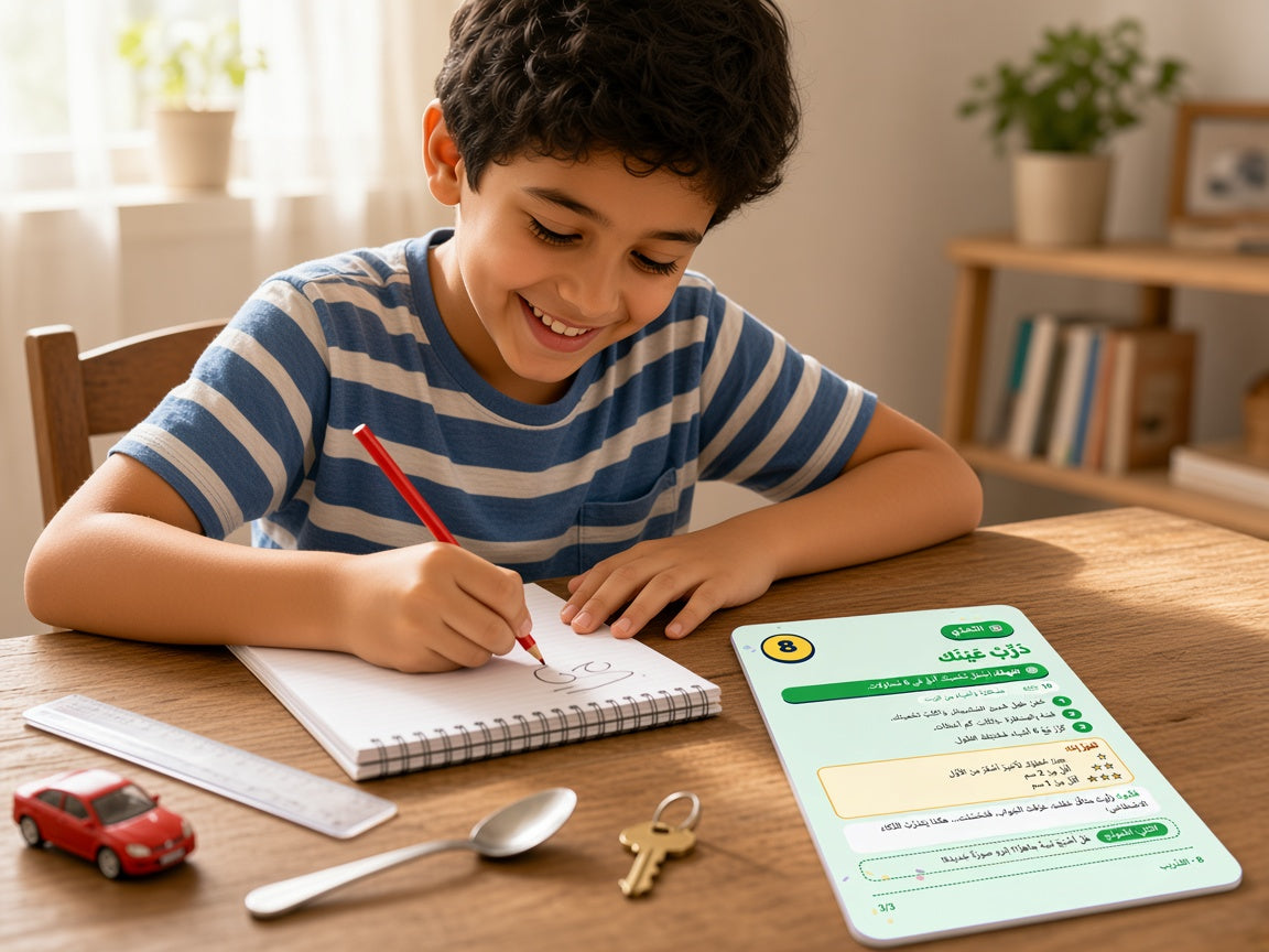 طفل يكتب تخمينه قبل القياس