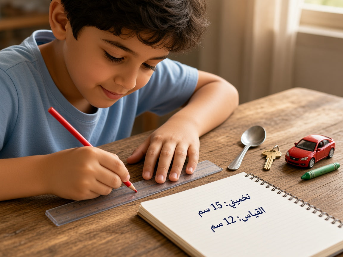 طفل يقيس قلمًا بالمسطرة ويكتب الفرق